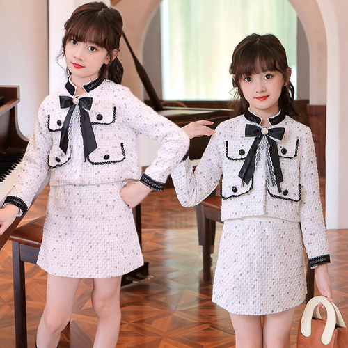 Little Girl Xiao Xiang Fashion Cute Spring Outfit  Spring and Autumn Model Bow Tie Heavy Work Suit Dress for Older Children with Elegant Style