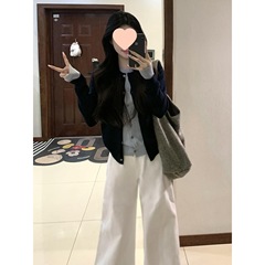 韩系氛围感穿搭一整套装女早秋季2025新款假两件开衫阔腿裤两件套
