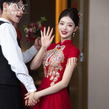红色旗袍女新中式夏季订婚礼服礼裙敬酒服新娘高端大气刺绣出阁宴