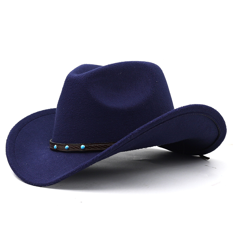 Cappello unisex semplice deformato cappello jazz in lana cappello a cilindro blu turchese cintura tinta unita cappello da cowboy western_voghion.com