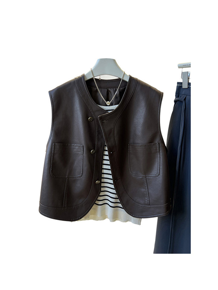 Áo vest nữ da PU phong cách retro Pháp, dáng không tay, một hàng khuy, dài 50–65 cm — Màu nâu, màu đen