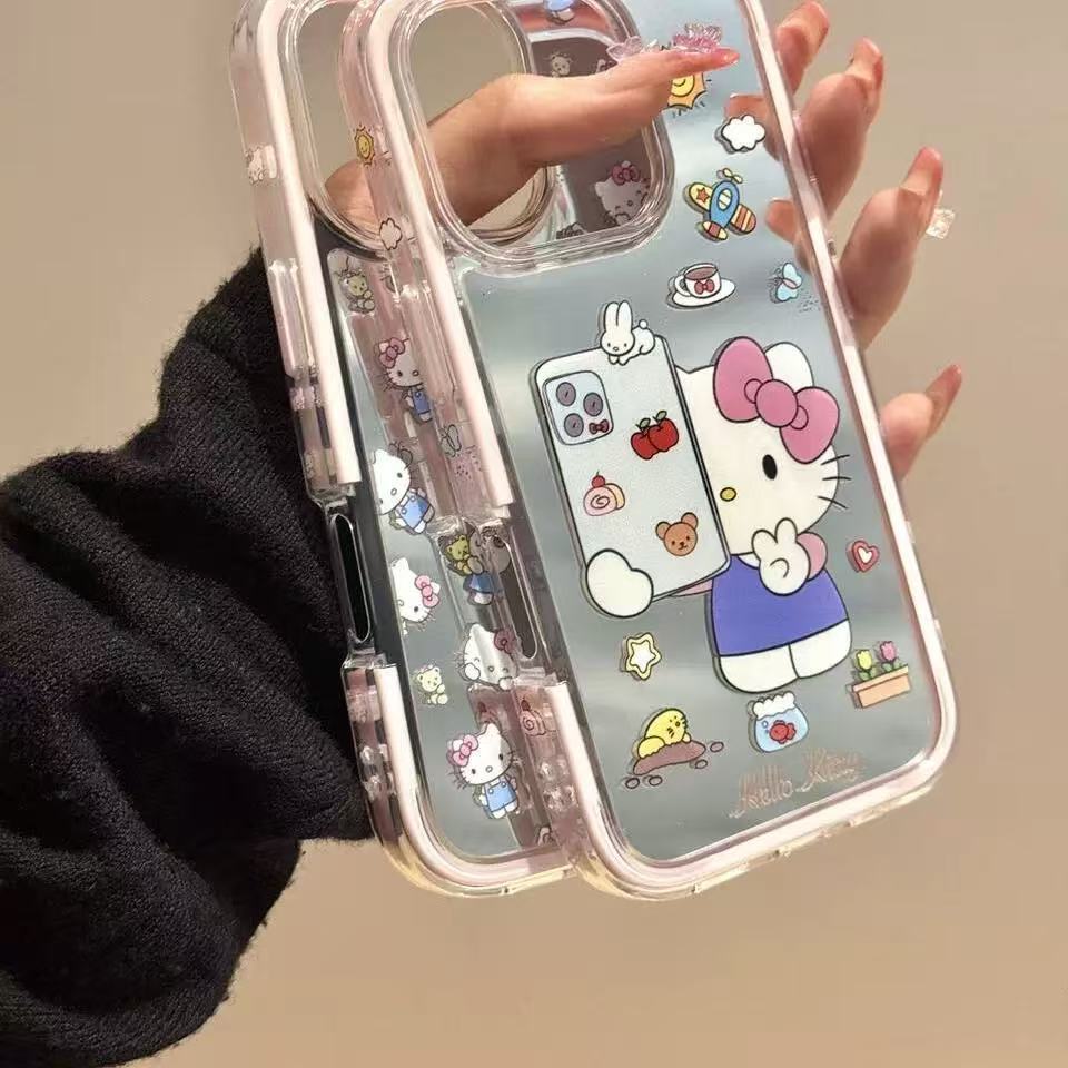 Lindo espejo selfie kt para iphone15 Apple 16ProMax funda para teléfono móvil 14 corazón de niña 13 dos en uno