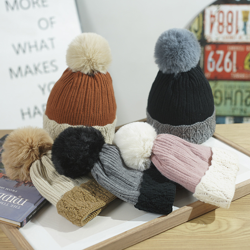 Winter Women's With Fleece Lining, Thickened And Warm Knitted Hat, Foreign Trade Cross-Border Pom-Pom Color-Block_voghion.com