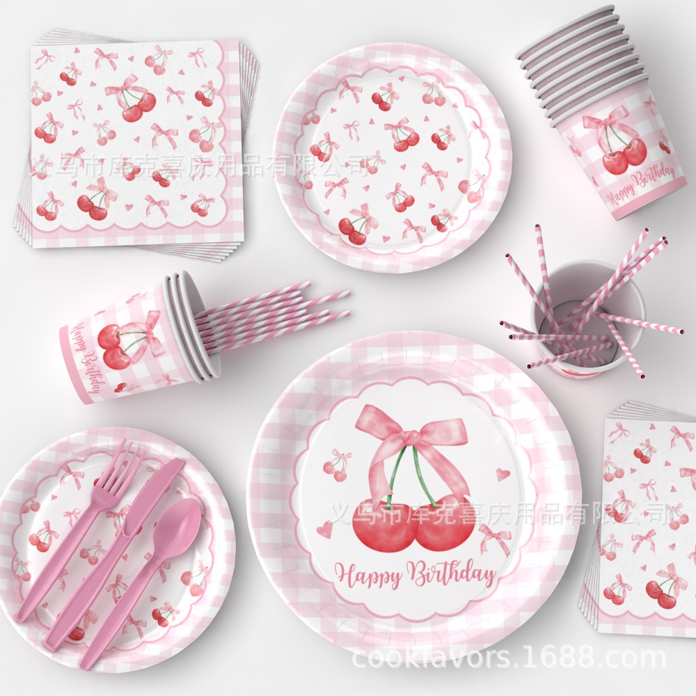 Nuevo arco de cereza tema decoración de fiesta de cumpleaños de niños bandeja de papel tazas de papel toallas de papel set de cubiertos