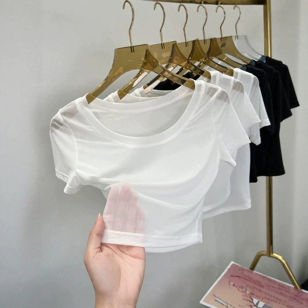 Summer ultra-thin mesh base layer top for women, large neckline, straight shoulders, short sleeves, versatile, slimming, short ice silk sun protection T-shirt