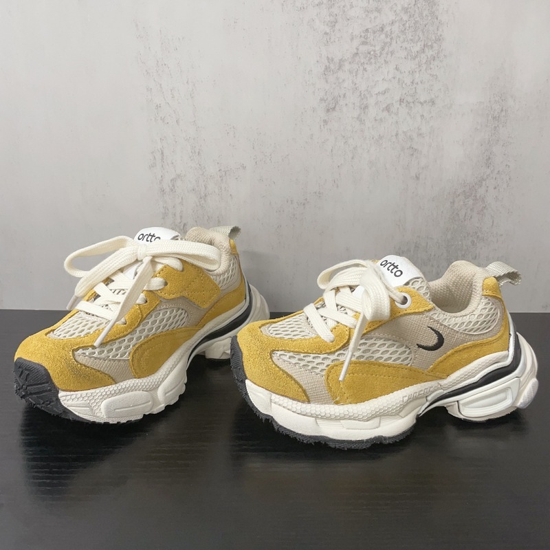 网面透气款三色前系带装饰韩范风跑步鞋2025年早秋款男女童运动鞋|undefined