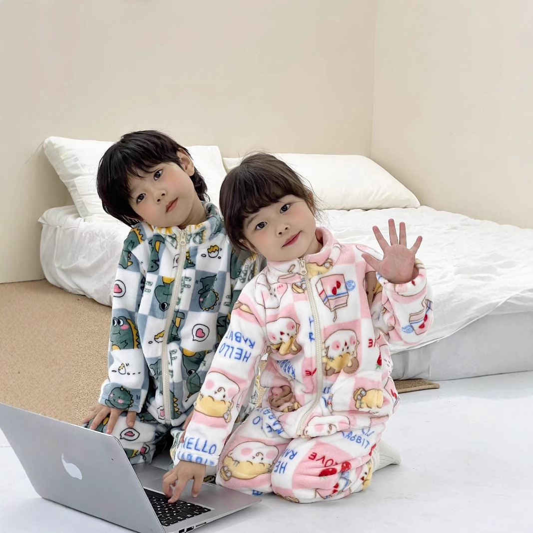 Children's sleepwear winter and autumn flannel coral velvet padded and thick winter boy home clothes baby set cartoon