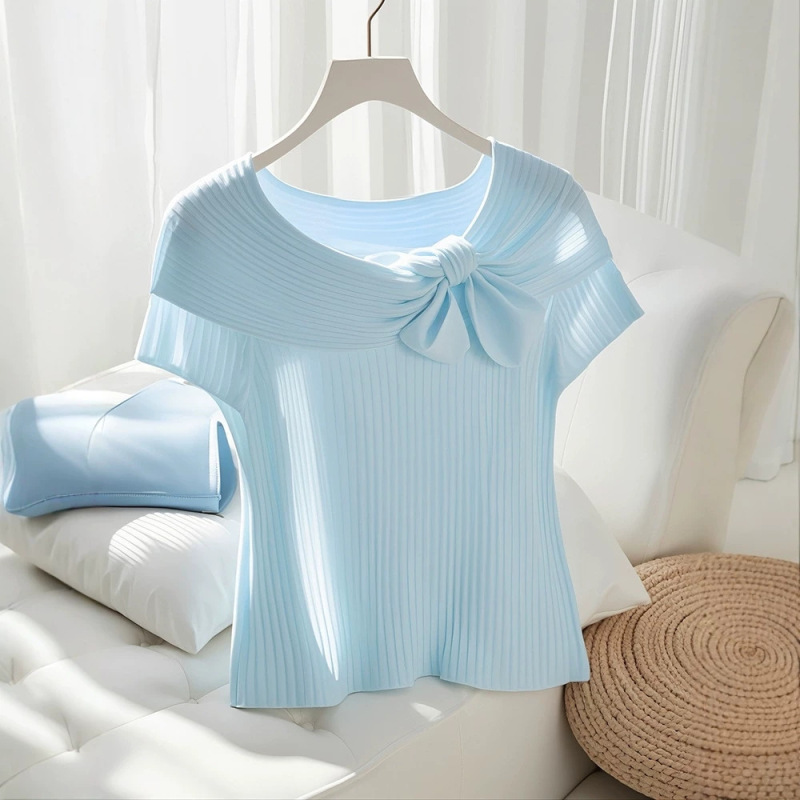 2026 New Summer Thin French-Style Lightweight Blue Ice Silk Short-Sleeve Knit Top for Women Early Autumn