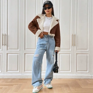 2025新款欧美风麂皮绒羊羔毛短外套女翻领加厚保暖夹克秋冬女装