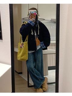 藏青色撞色格纹拼接宽松面包服棉服女2025年冬季新款加厚保暖棉袄