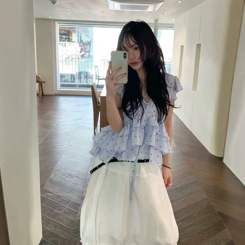 In-Stock Korean Dongdaemun Women's Clothing 2026 Spring/Summer New V-Neck Pleated Floral Ribbon Ruffle Shirt Vest