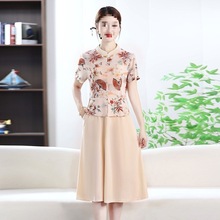 妈妈夏装假两件中式薄款连衣裙中老年时尚气质新款洋气遮肚子裙子