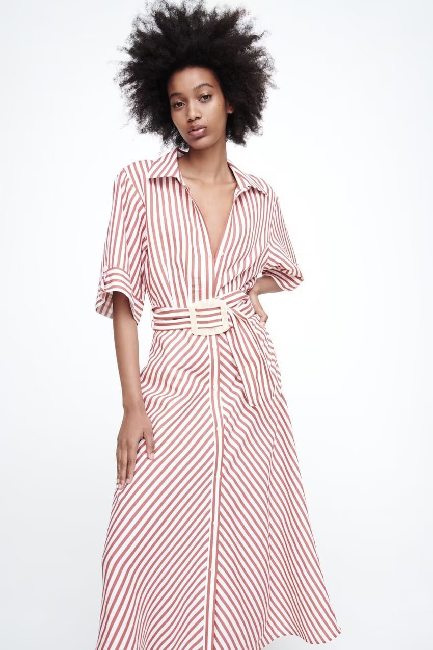 mid-sleeve lapel v neck long style striped shirt dress NSAM134898