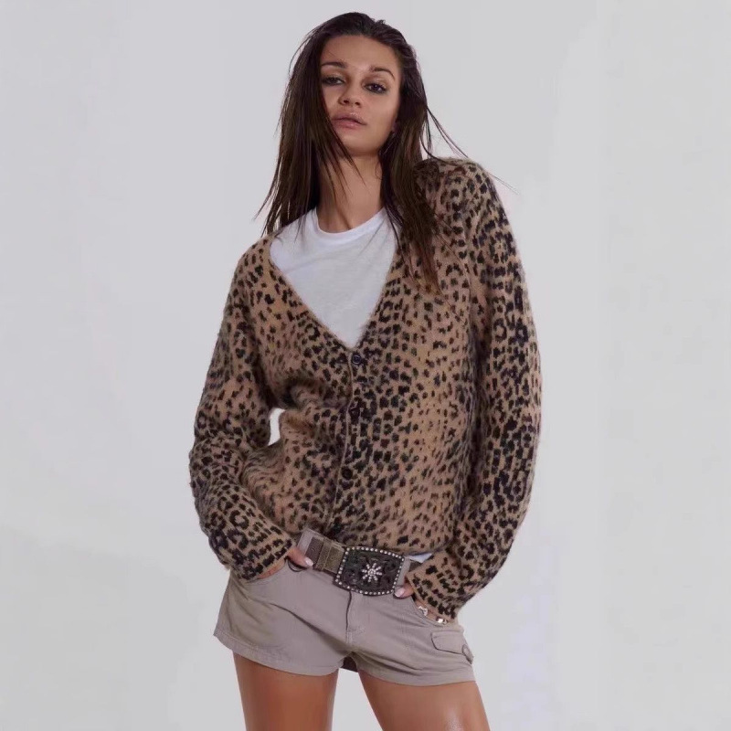 Jaded London European and American Spice Girl Soft Y2K Mohair Leopard Print Sweater Knitted V-Neck Cardigan Coat Women