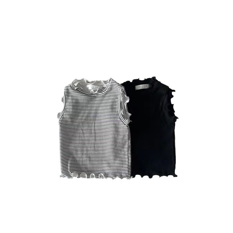 Estilo coreano ins infantil ropa para niños verano algodón fino fresco oído de madera chaleco bebé color sólido rayas moda camiseta sin mangas