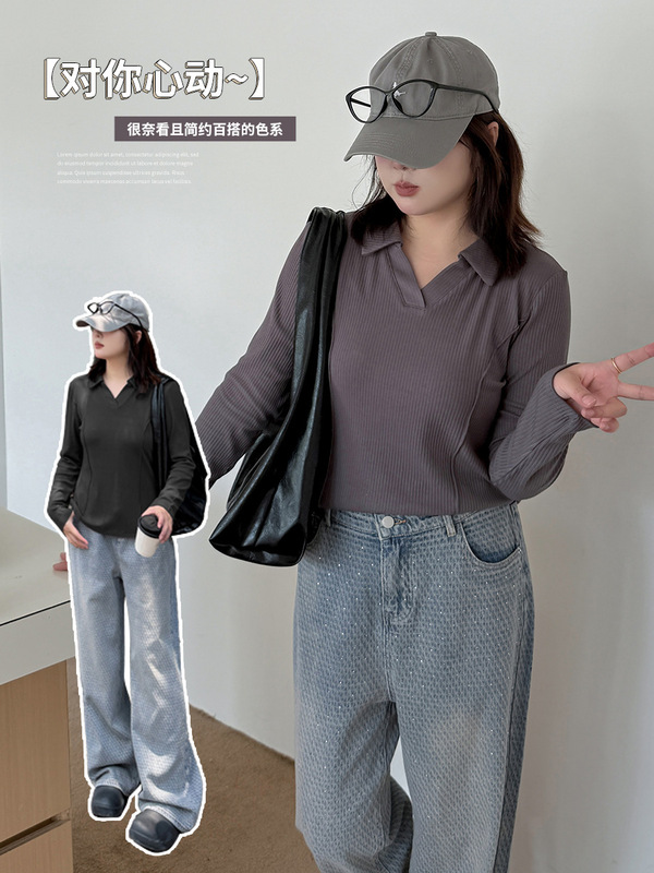 伊诺大码女装通勤简约长袖T恤2025秋季新款套头polo领上衣313112|undefined