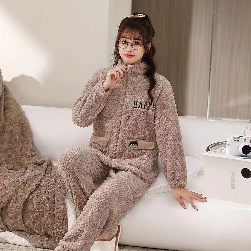 가을과 겨울 산호 양털 파자마 여성용 수직 칼라 지퍼 기모 두꺼운 따뜻한 파인애플 스타일 홈 의류 세트 착용