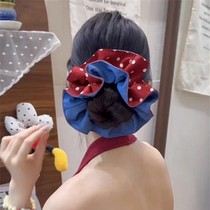 复古红波点牛仔发饰气质少女蝴蝶结发圈头绳手作大肠圈头饰发饰品|undefined
