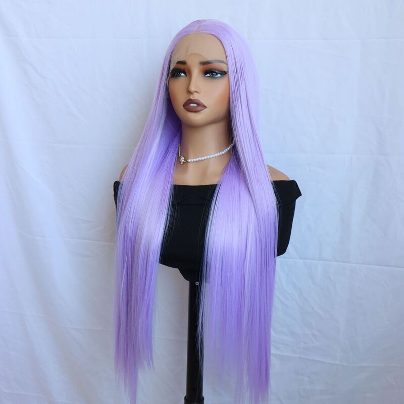 Purple 13*4 chemical fiber front lace wig 60cm long straight hair hand hook high temperature silk role front lace headgear
