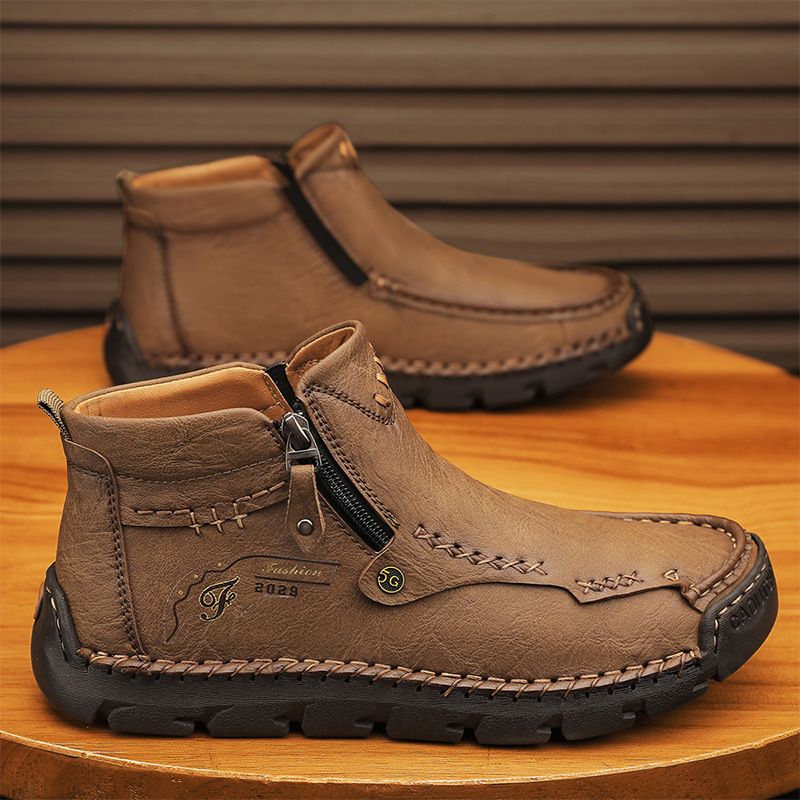 Men's Work Boots Winter Fleece Lined Slip-On Men's Boots Handmade Sewn Soles Mid-Top Men's Shoes_vogvips.com