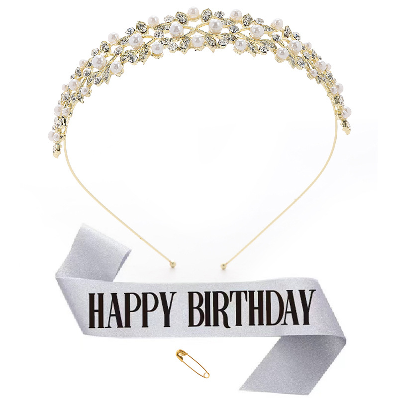Golden crown+happybirthday silver black ribbon