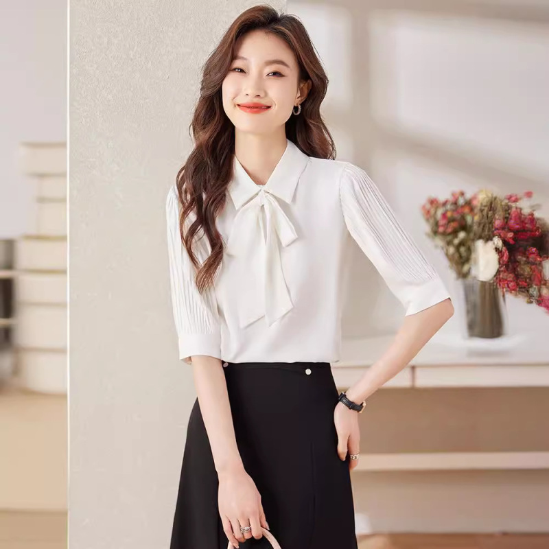 White Professional Shirt Women's Design Sense Niche Middle Sleeve Lapel Summer Top Elegant Slim White Shirt Work Clothes