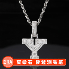欧美新款S925银镶嵌莫桑石吊坠实心26个字母吊坠潮流嘻哈配饰现货