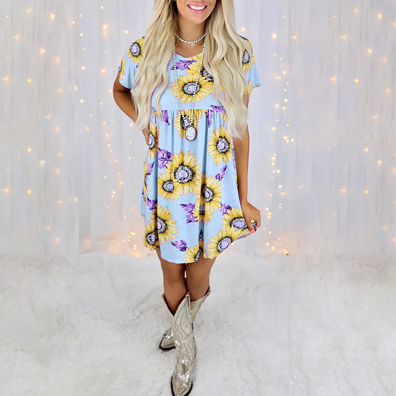 sunflower print short-sleeved round neck loose dress nihaostyles clothing wholesale NSZH80676