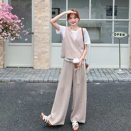 松弛感收腰V领马甲短袖阔腿裤套装女夏系2026新款洋气休闲三件套