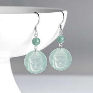 Natural A goods jade blue water Buddha surface earrings Yin carving technology S925 silver inlaid ice jade earrings women's earrings