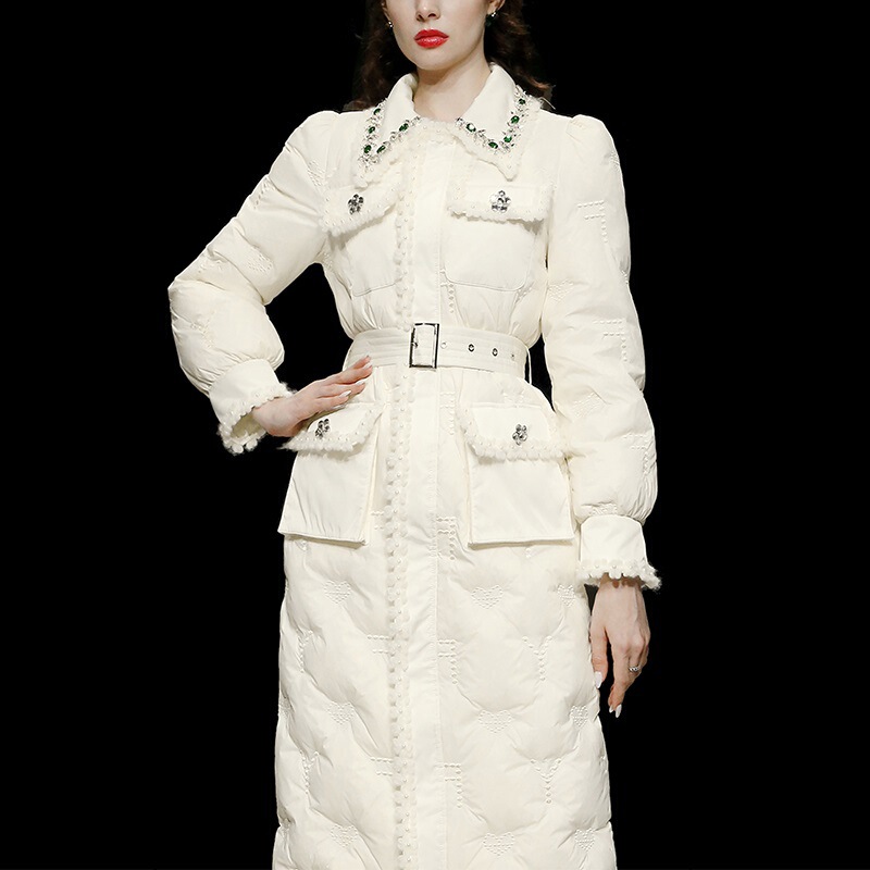 Winter New Women's Clothing Beige Bubble Sleeve Mid-length White Duck Down Jacket Thickened Mid-length Tight Waist Over Knee