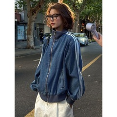 美式复古立领条纹蓝色牛仔外套女秋季运动休闲宽松棒球服夹克上衣