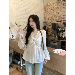 Real plus size Women's French Gentle Kink Shirt Belly-Covering Slimming Lantern Sleeve Back Top