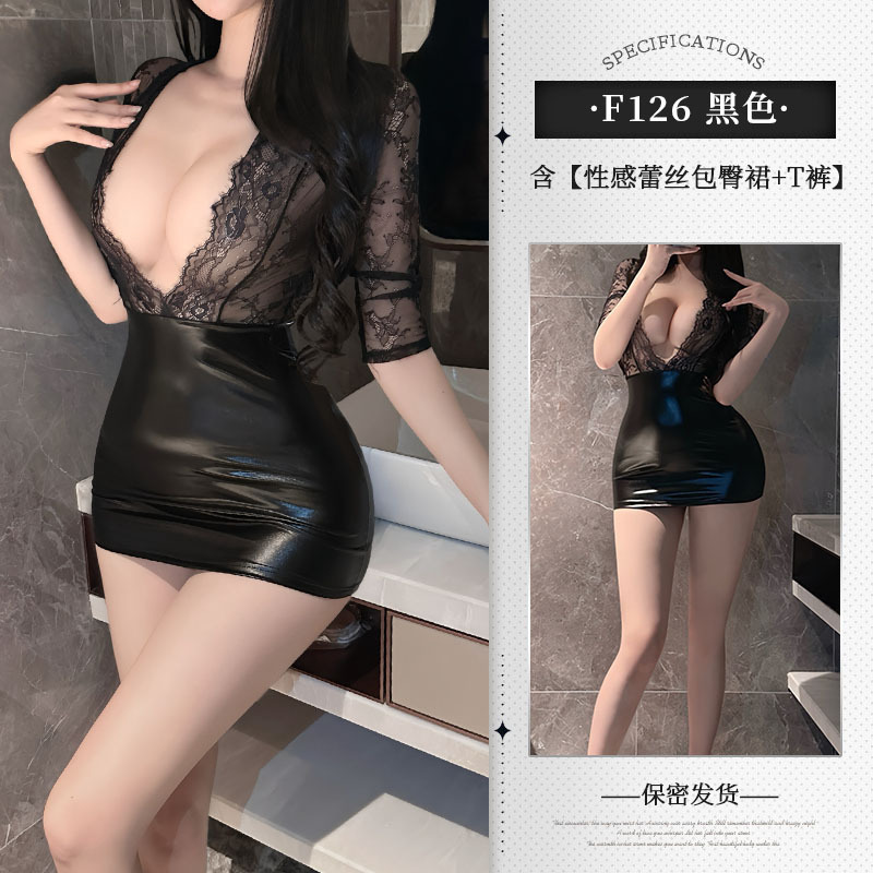 블랙 레이스 가죽 스커트 + 끈팬티