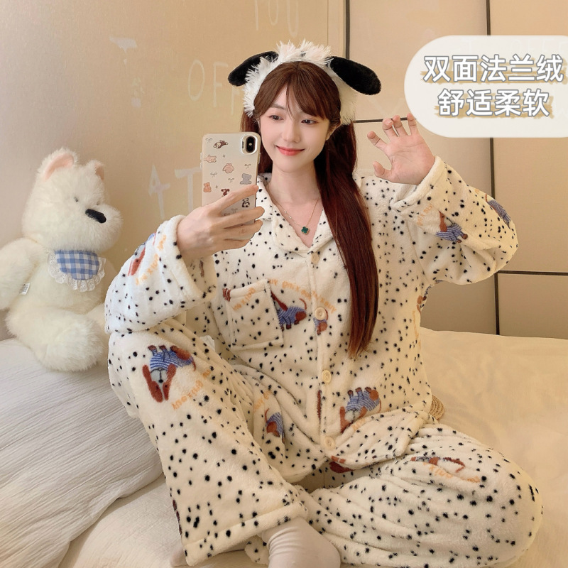 法兰绒睡衣女秋冬季新款公主风卡通开衫长袖套装加厚可外穿家居服|undefined