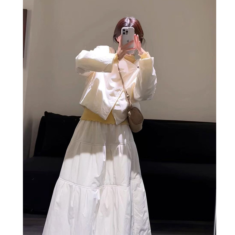 韩国chic冬季法式温柔风宽松长袖棉服外套+高腰蛋糕裙半身裙套装