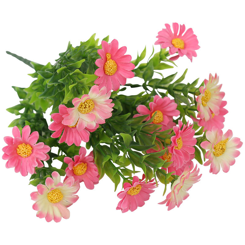 Ramo de simulación de flores falsas, una sola margarita de plástico, tela de seda rosa, flores secas, macizo de flores, cerca, arreglo floral, decoración pastoral