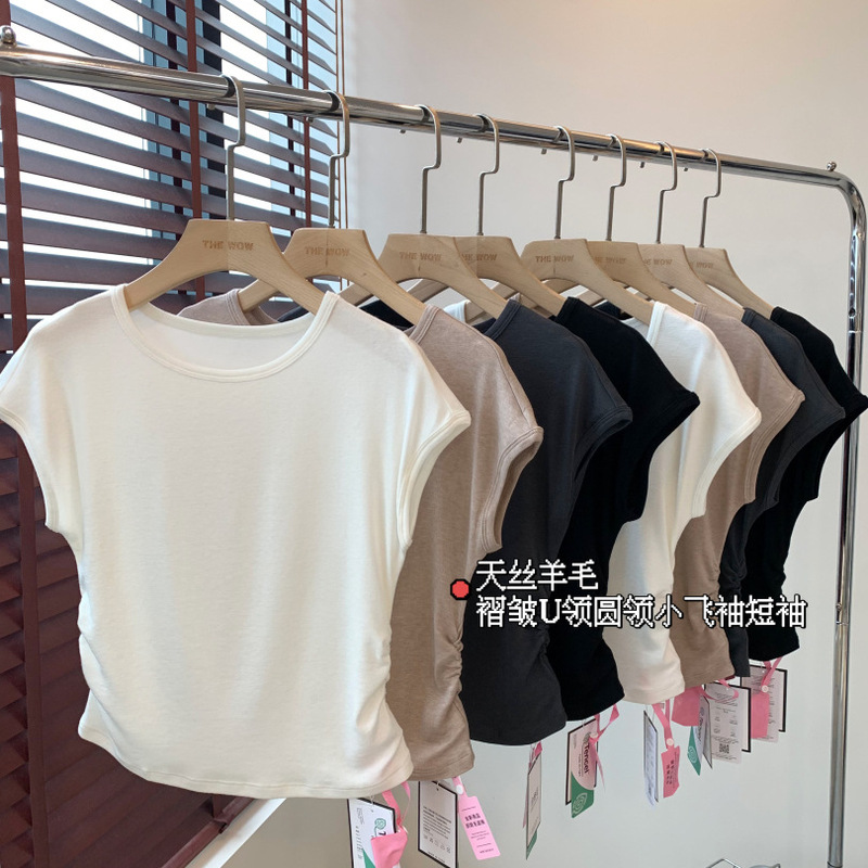 Spring is not too late CHAO Comfortable Tencel Wool Waist Pleated Slim U Neck Crewneck Bat Small Flying Sleeve Short Sleeve T-shirt Summer
