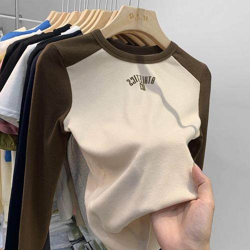 Round Neck Collar Splicing Long Sleeve T-Shirt for Women - Spring New Arrival Contrasting Color Fitted Base Shirt for Layering - Stylish Top