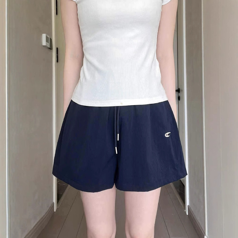 Navy Blue Embroidered Drawstring Shorts for Women Summer New High-Waisted Loose Casual Sports Quick-Drying Five-Point Cargo Pants