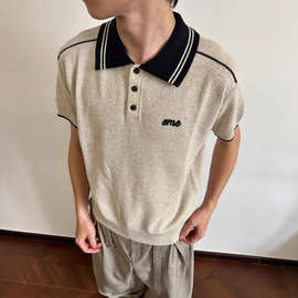 EME男装 摩登复古勾织肌理杂花亚麻撞色中古翻领POLO衫针织短袖