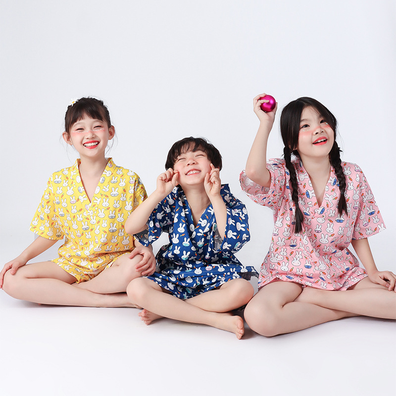 23年儿童夏季新款家居服短裤短袖套装卡通小兔浴服汗蒸服男童女童