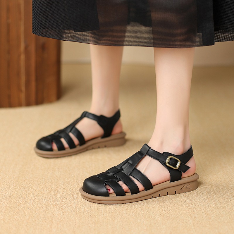 Dép sandal xỏ ngón nữ đế bệt phong cách La Mã — AF206F màu đen