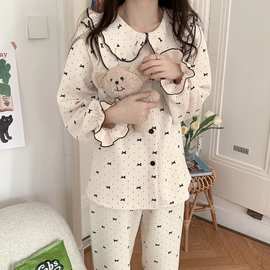 实拍2024睡衣女秋冬夹棉加厚保暖甜美蝴蝶结印花网红家居服套装女