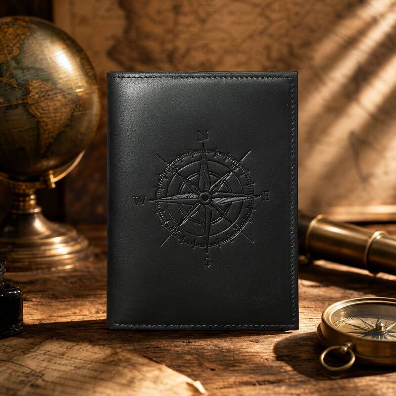 Ví đựng hộ chiếu nam da ngựa điên cao cấp có họa tiết la bàn, kẹp giấy tờ đa năng 14×1×10,5 cm — Màu cà phê, Màu xanh dương, Xanh lá cây, màu đen