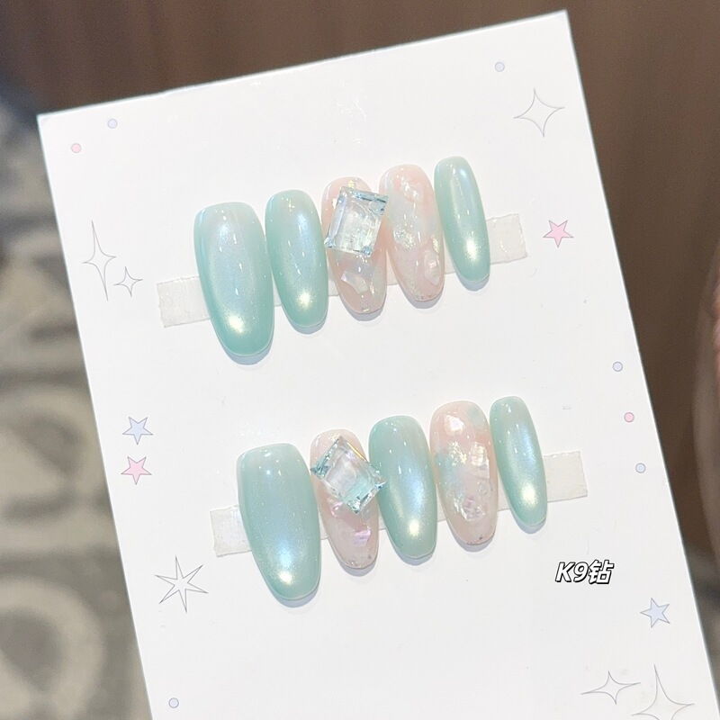 K9 Diamond Summer Mint Green Cat Eye Premium Handmade Wearable Nails That Enhance Complexion with a High-End Feel, Short Style False Nail Tips K9 Diamond Summer Mint Green Cat Eye Premium Handmade Wearable Nails That Enhance Complexion with a High-End Feel, Short Style False Nail Tips