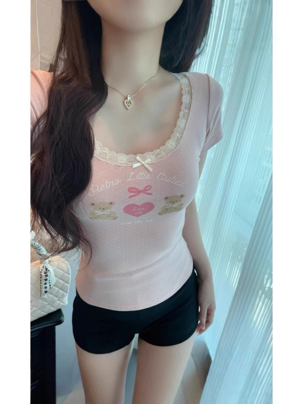 甜美蕾丝花边短袖t恤女肌理感圆领显瘦美式bm上衣纯欲系粉色上衣|undefined