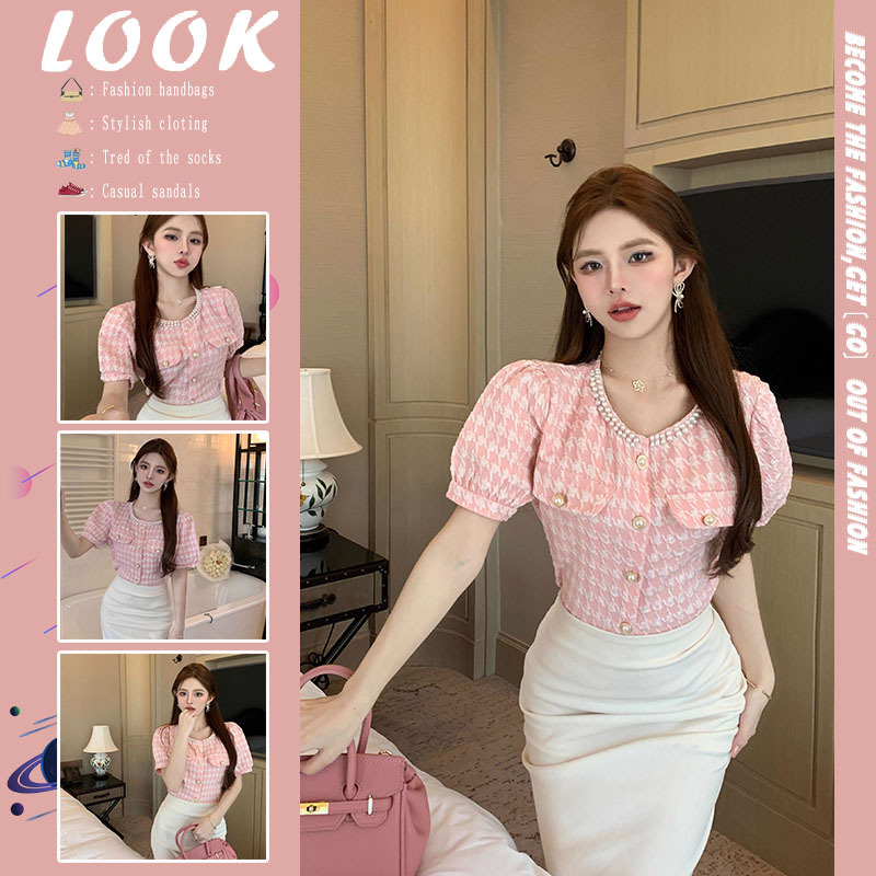 Summer Style Sweet Houndstooth Short-Sleeve Shirt for Women with Unique and Exquisite Design, Puff Sleeve Top
