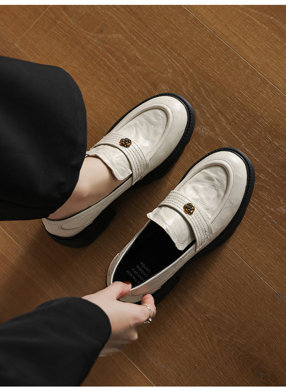 Giày loafer nữ mũi tròn gót vuông dày đế cao 6 cm da cừu — màu nâu chi tiết 7