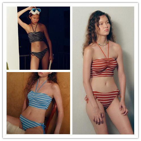 Strapless Striped Bikini for Small Busts, Two-Piece Triangle Black, Blue, Red Swimsuit with Chest Pads, Suitable for Hot Springs